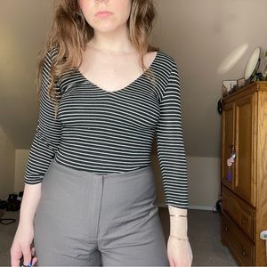 Striped double v neck bodysuit
